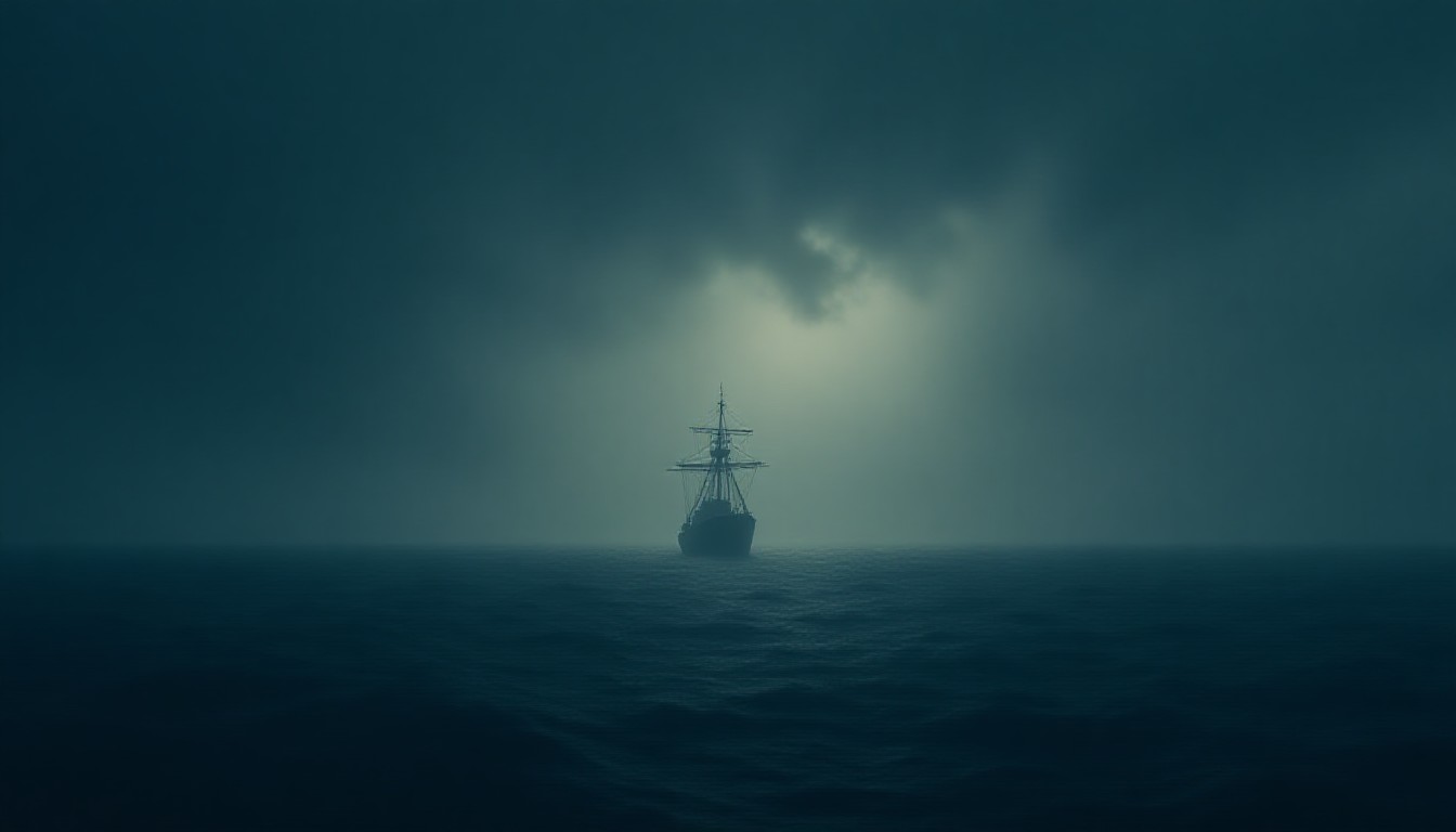 A stormy sea with a lone ship silhouette against a dark horizon.