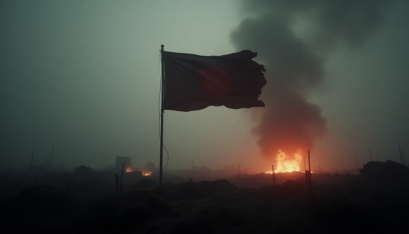 A shattered flag over a battlefield, smoke rising