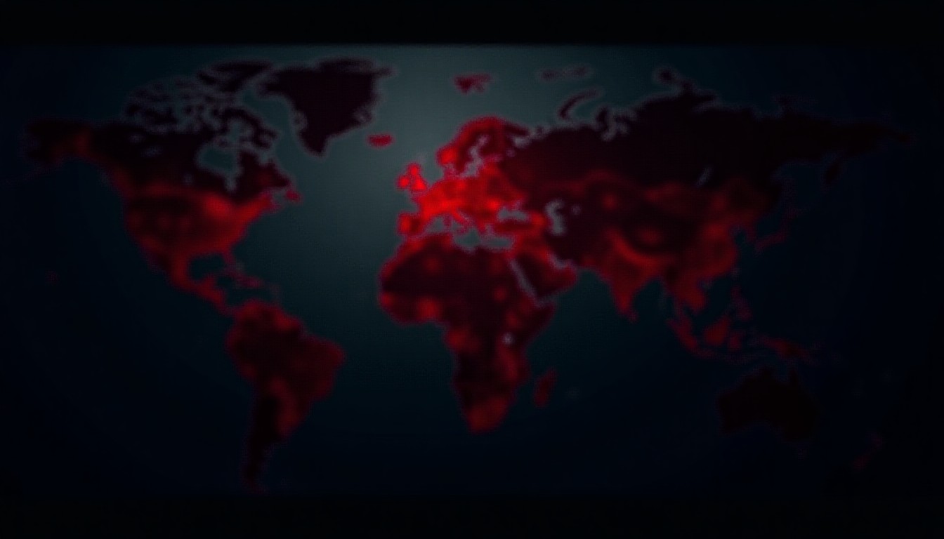 A digital map of global conflict zones highlighted in red
