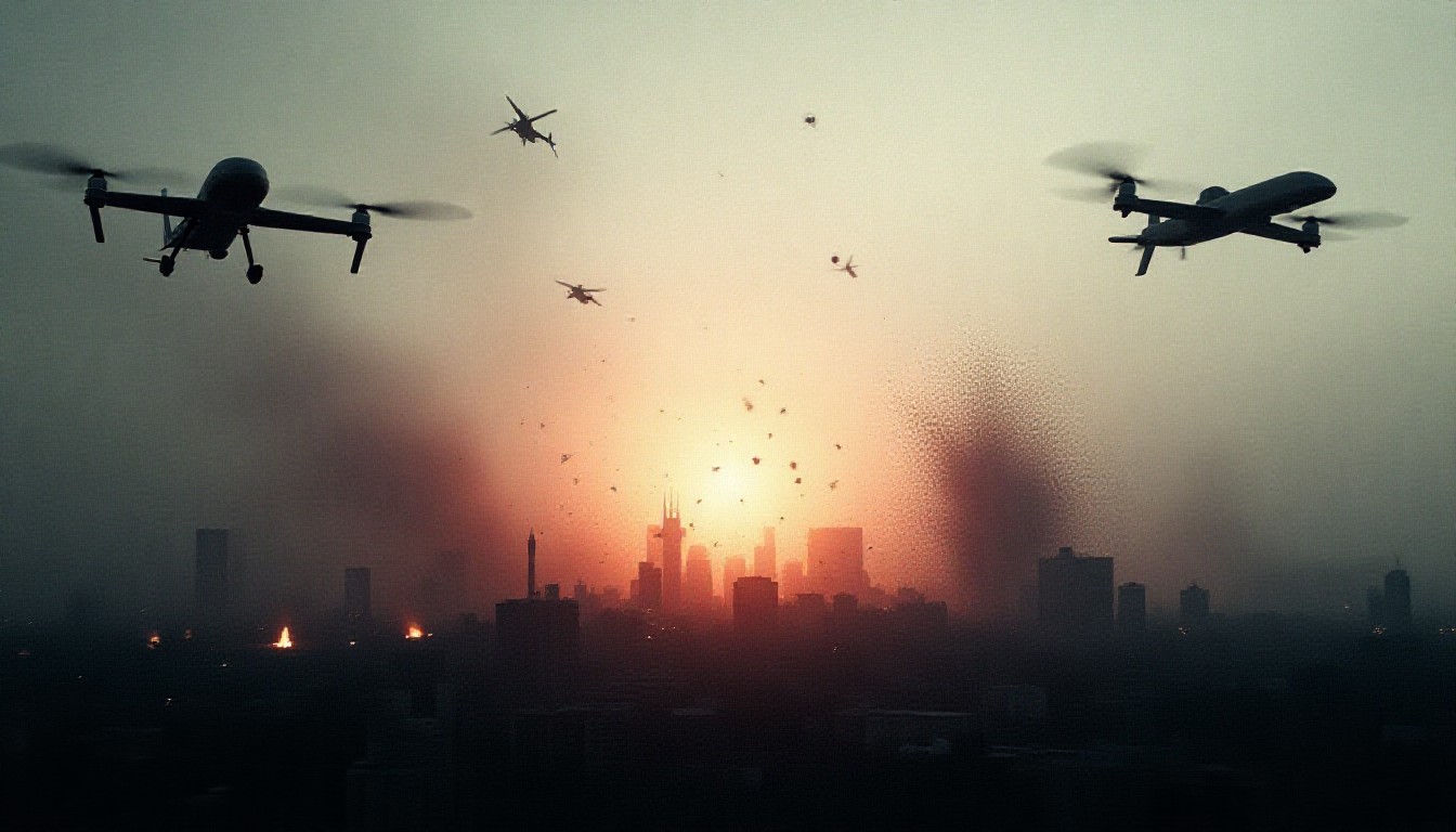 abstract collage of drones, missiles, shattered glass, and distant city silhouettes