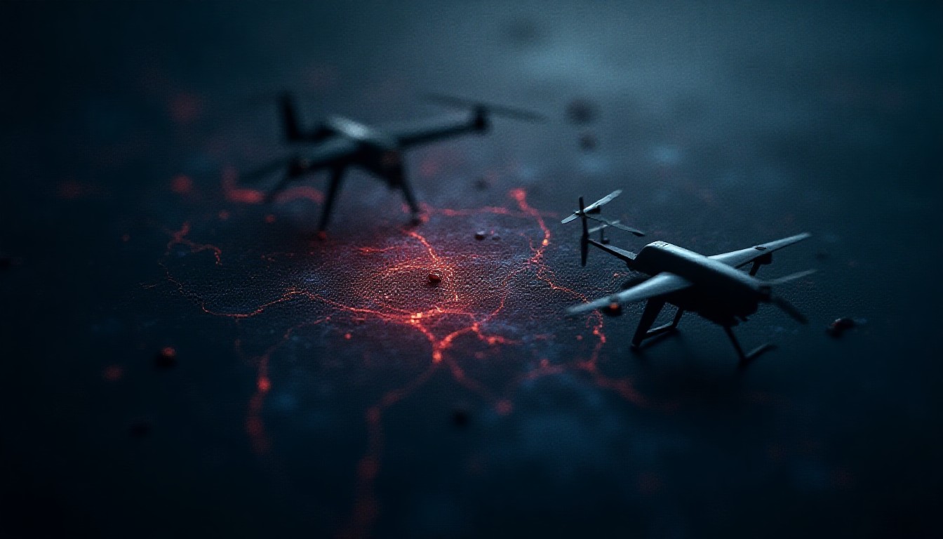 abstract swirl of drones and missiles over a stylized map with red and blue intersecting lines