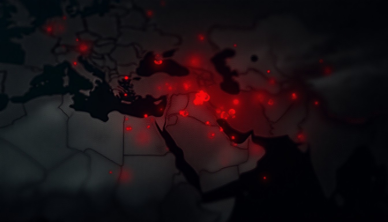 A stylized map with overlapping red circles and arrows indicating conflict zones
