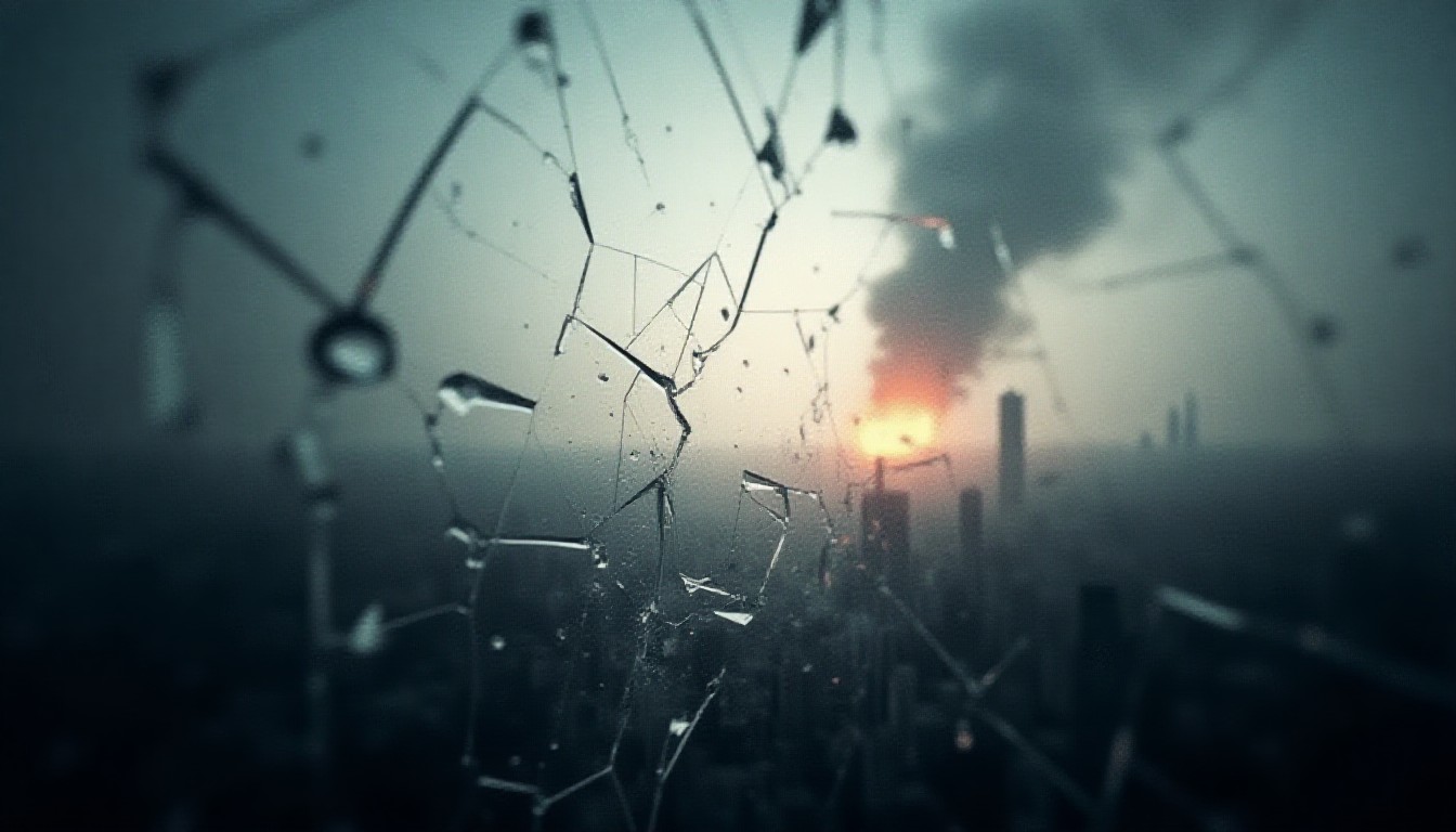 Abstract shattered glass and distant smoke rising from a city