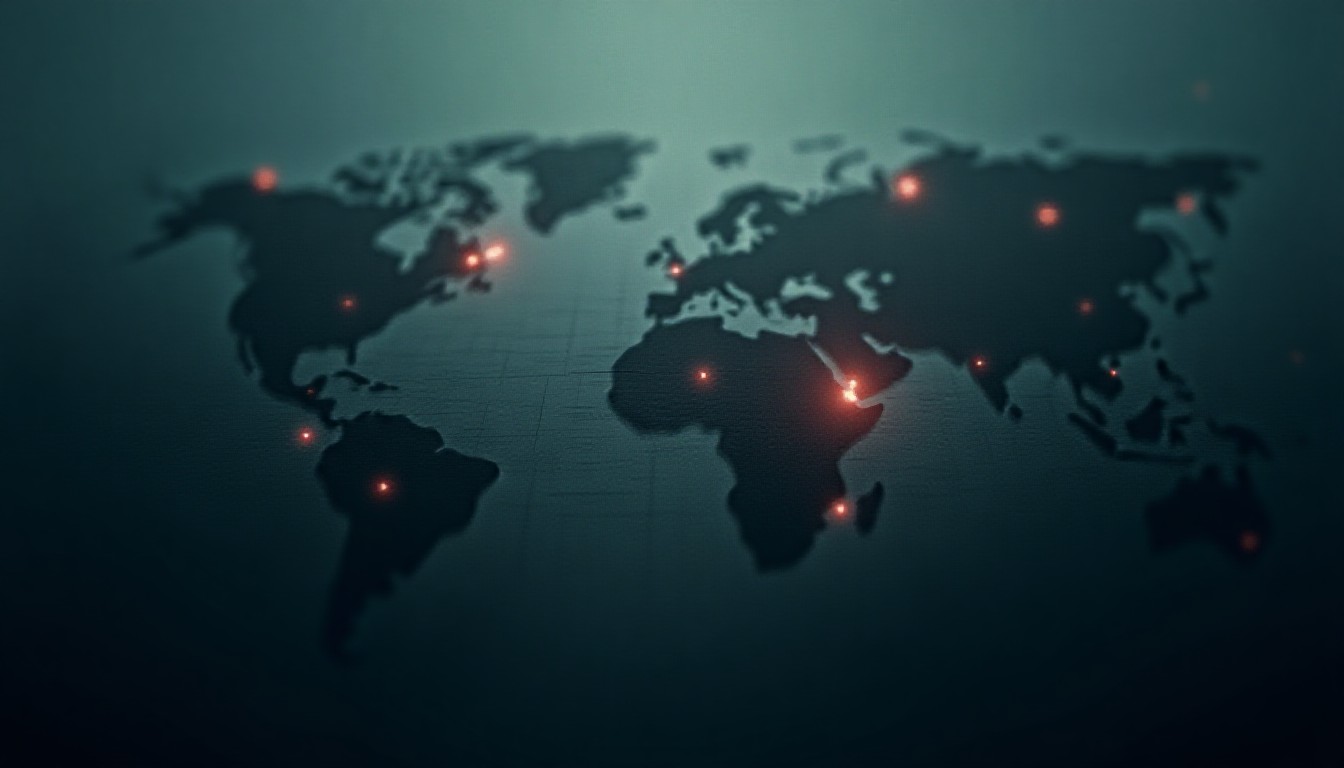 abstract representation of intersecting drone silhouettes over a map grid with flashes indicating strikes