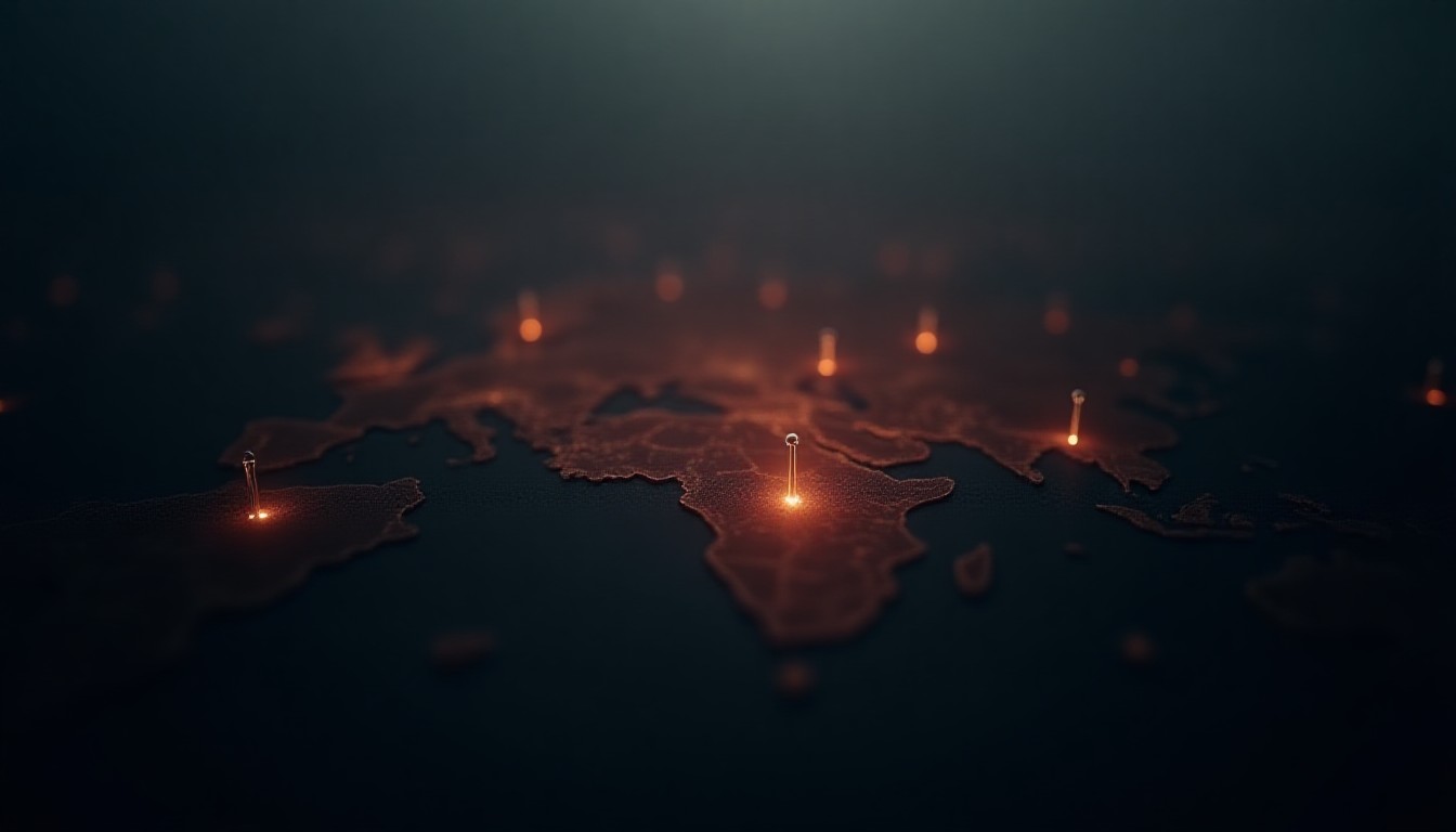 Abstract map pins glowing over conflict zones at dusk