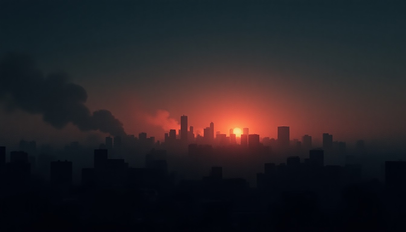 abstract city skyline at night with fire and smoke silhouettes