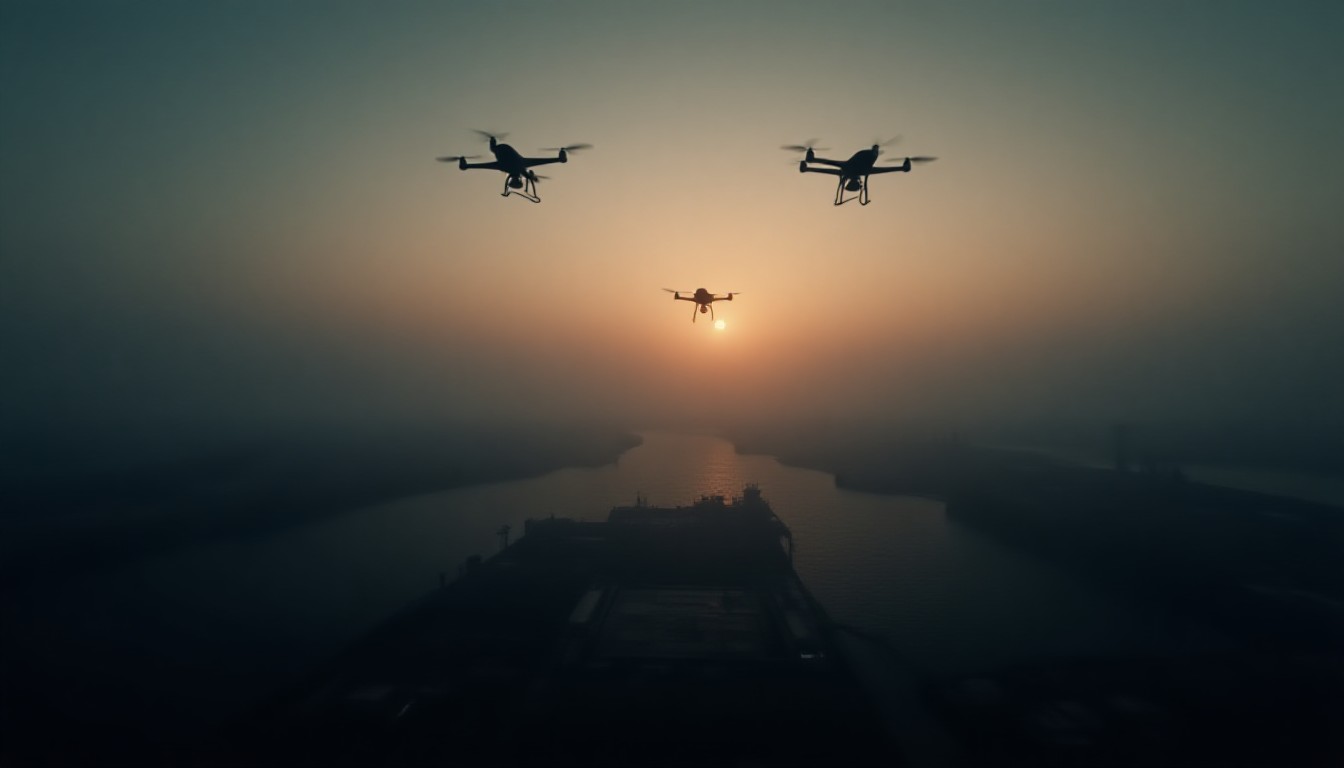 Drone silhouettes over shipping lanes and industrial complexes at dusk