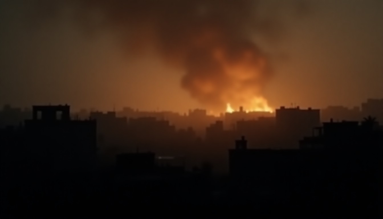 Smoke rising over damaged residential district at dawn
