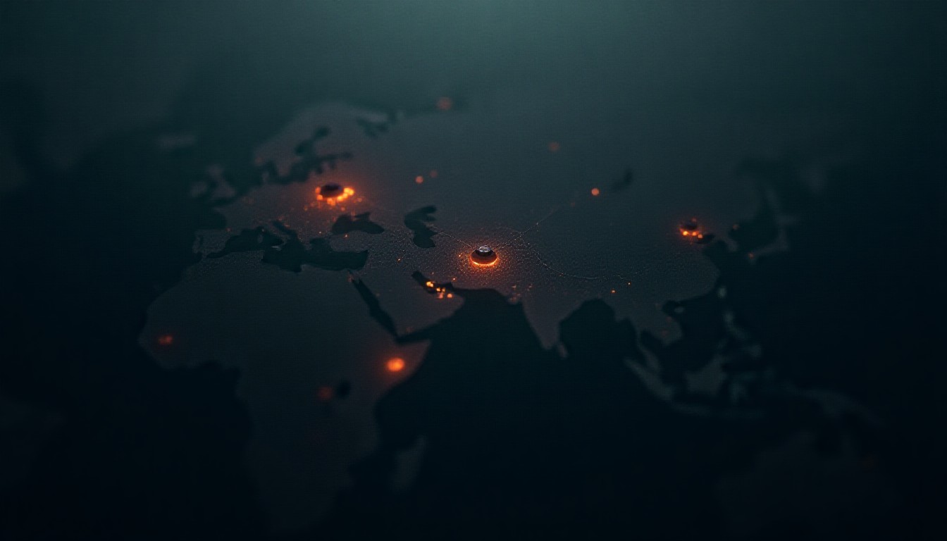 Pulsing lines connecting three abstract zones marking drone incidents