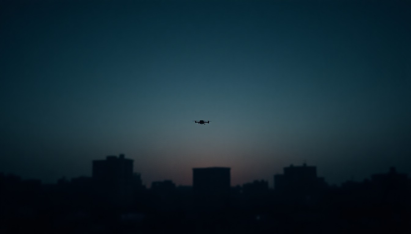 Night sky with drone silhouettes over city skyline