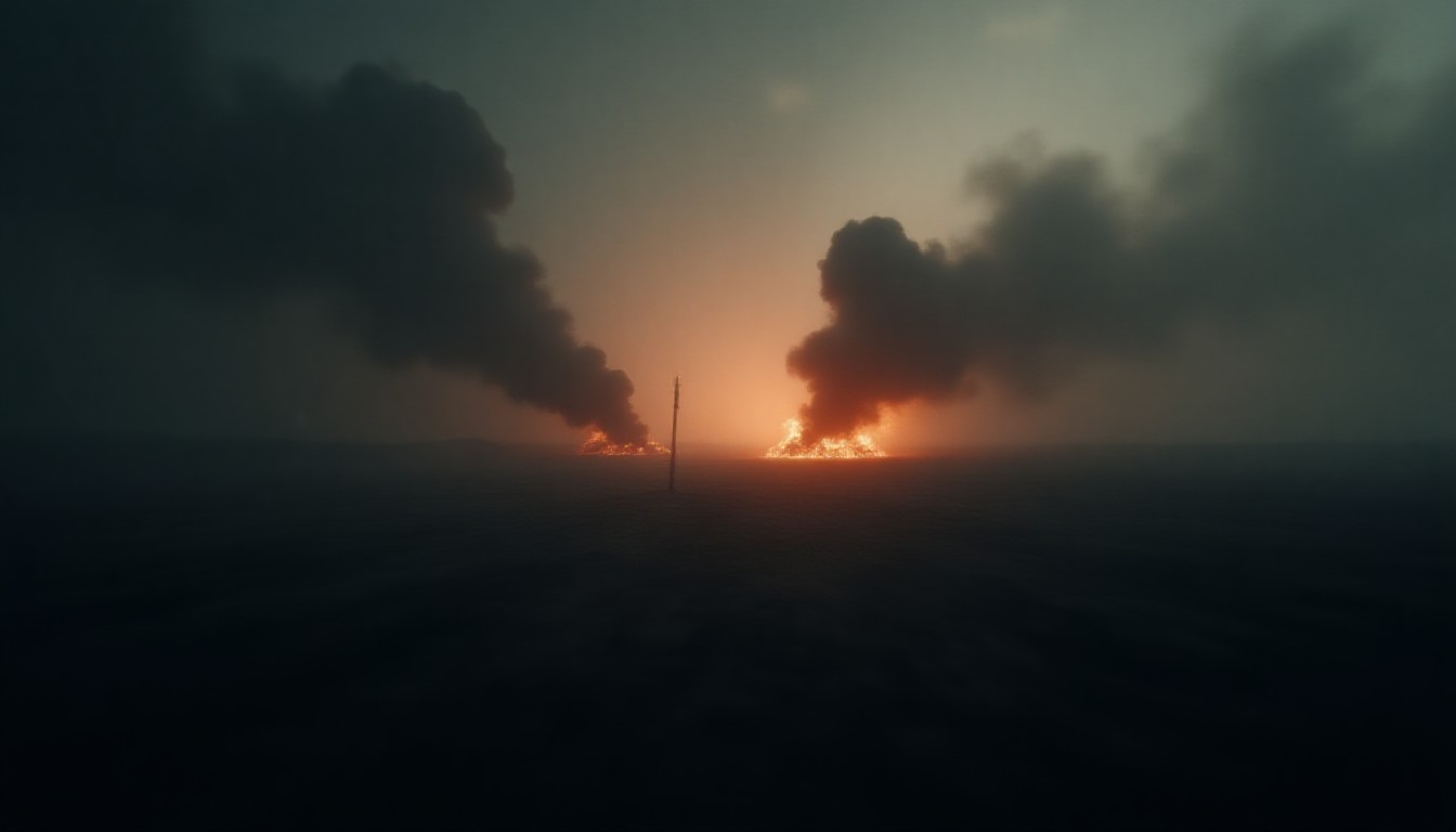 abstract view of swirling smoke and distant explosions over a map silhouette