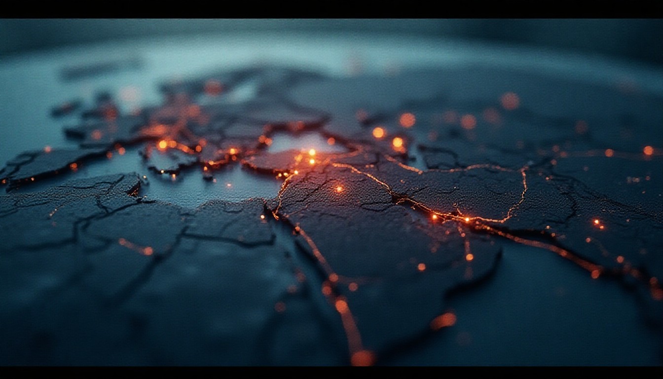 Abstract lines and dots depict overlapping conflict zones without people or text