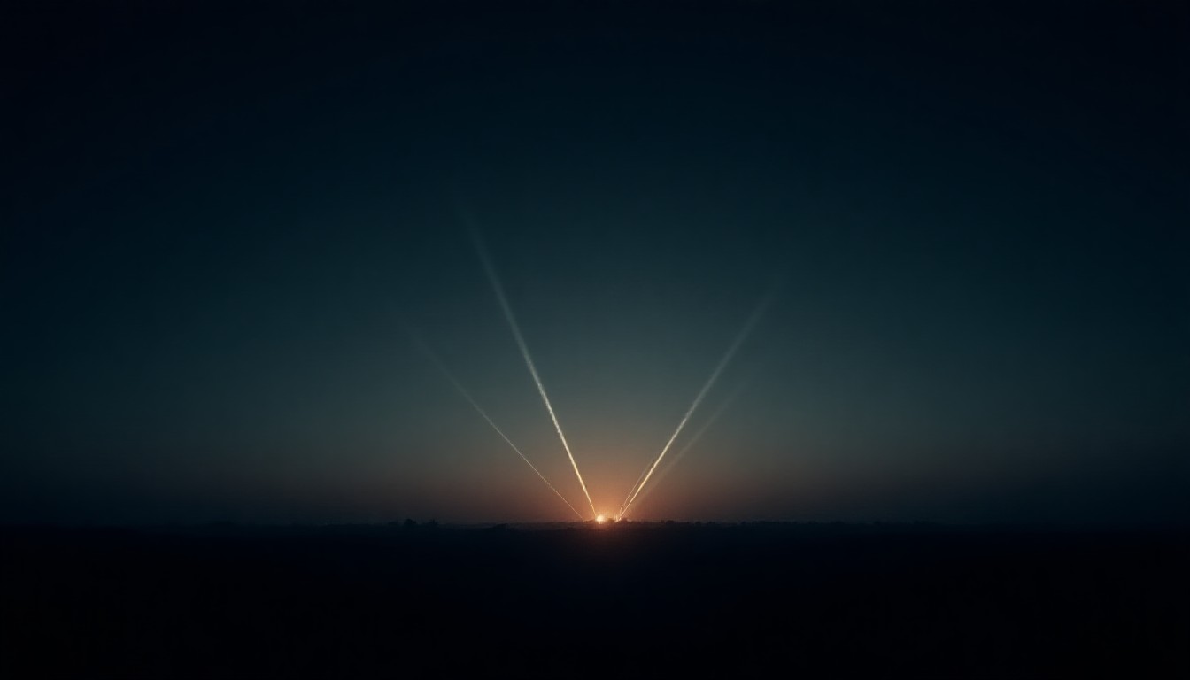 Abstract night sky crossed by intersecting drone trails and defensive fire bursts over a stylised city silhouette