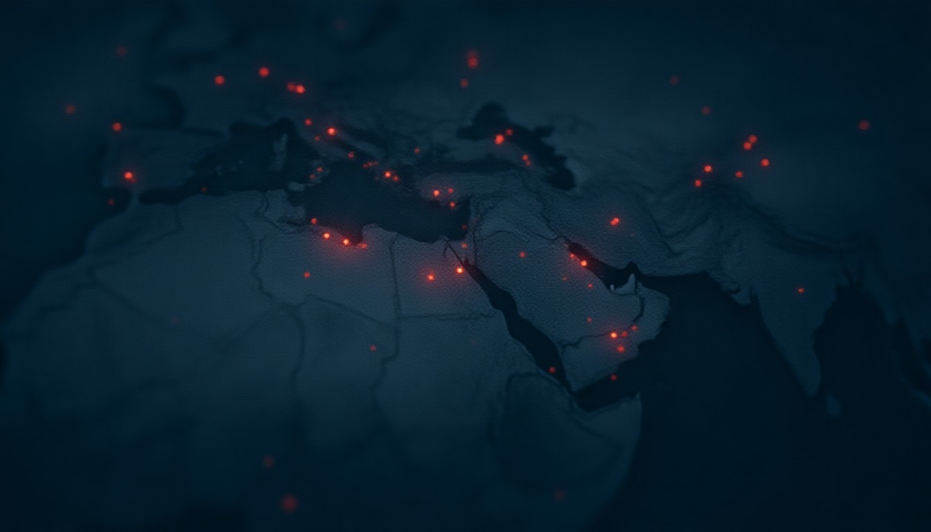 A stylised map with red dots and arrows indicating attack locations