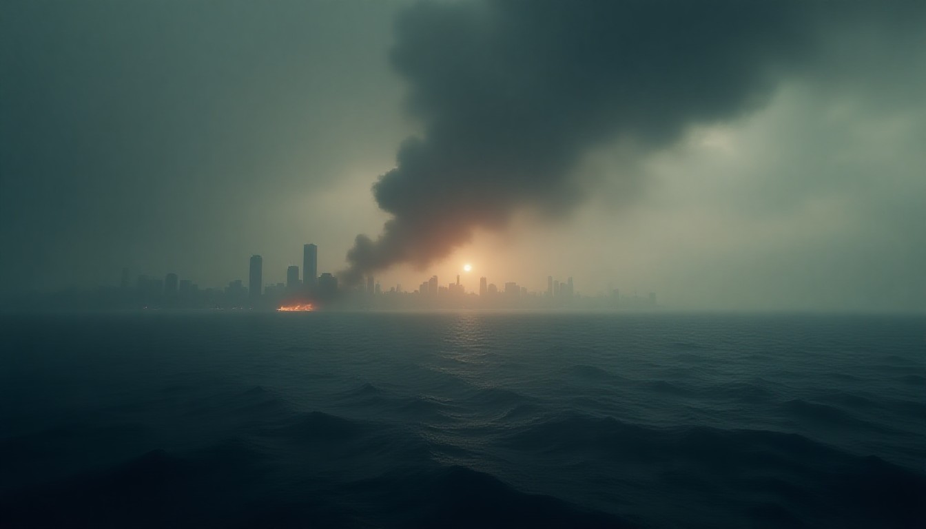 abstract view of smoke rising over a city skyline beside a turbulent sea with distant oil tankers