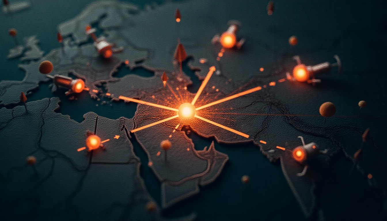 abstract illustration of intersecting arrows and icons representing explosions, drones, missiles and flags over a stylized map