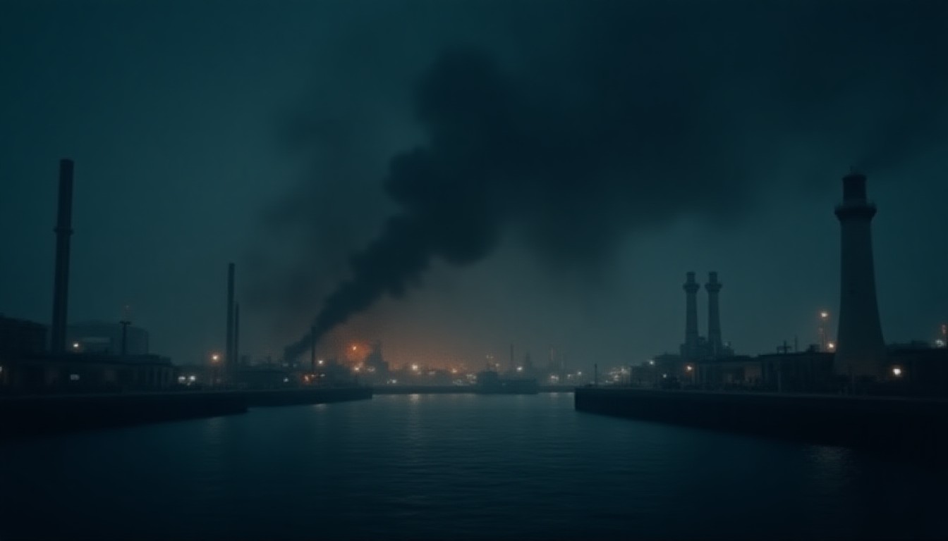 Dark smoke plumes rising over industrial waterfront at night