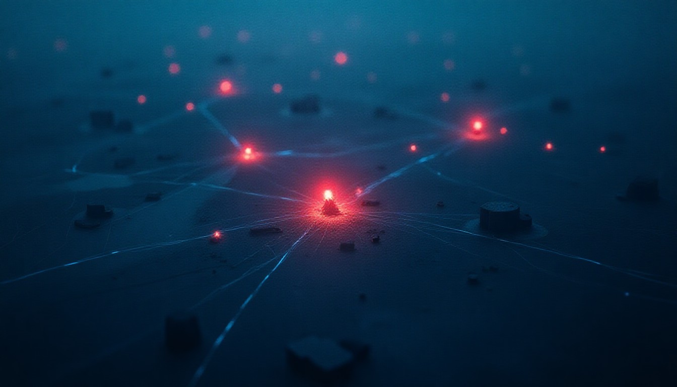 abstract map with red flashes marking explosion sites and blue lines indicating drone trajectories
