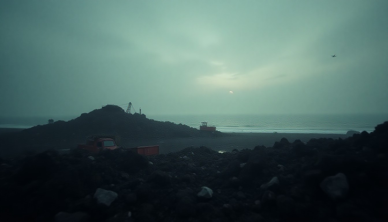 Rubble pile with rescue equipment beside calm sea with distant drone silhouette