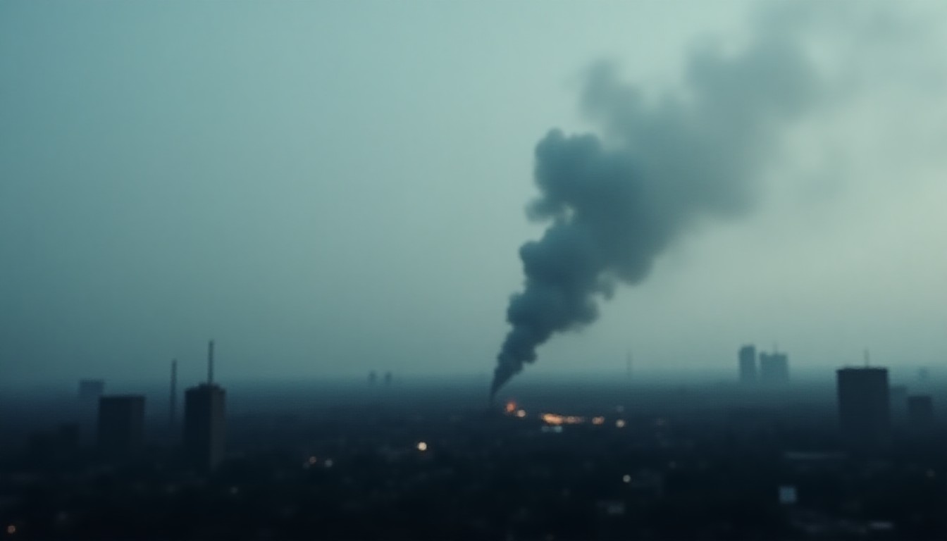 Smoke rising from industrial facilities and urban areas under grey sky