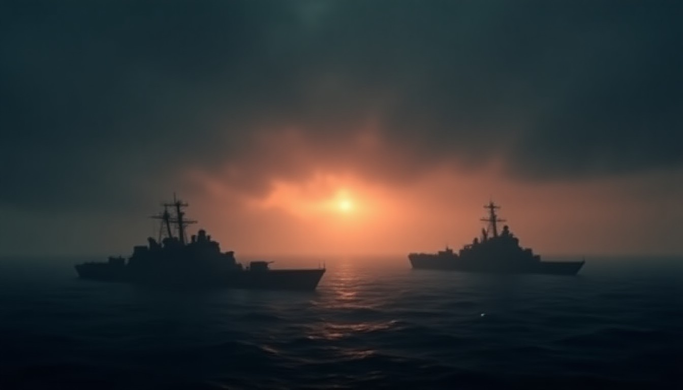 Silhouetted warships against a stormy horizon at dusk