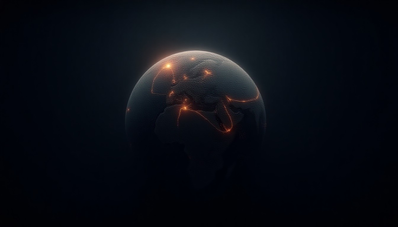 Abstract dark globe with glowing intersecting lines representing drone routes and conflict hotspots