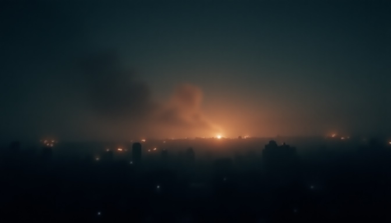 Abstract night cityscape with smoke plumes, distant fire glow, and scattered drone silhouettes in dark sky