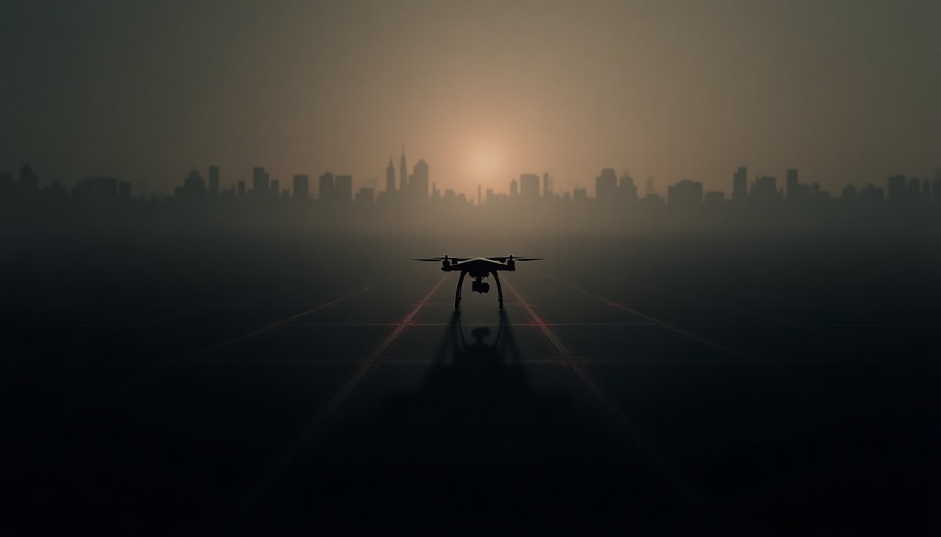 A stylized silhouette of a drone casting a shadow over a grid of city skylines, with faint red warning lines intersecting the scene
