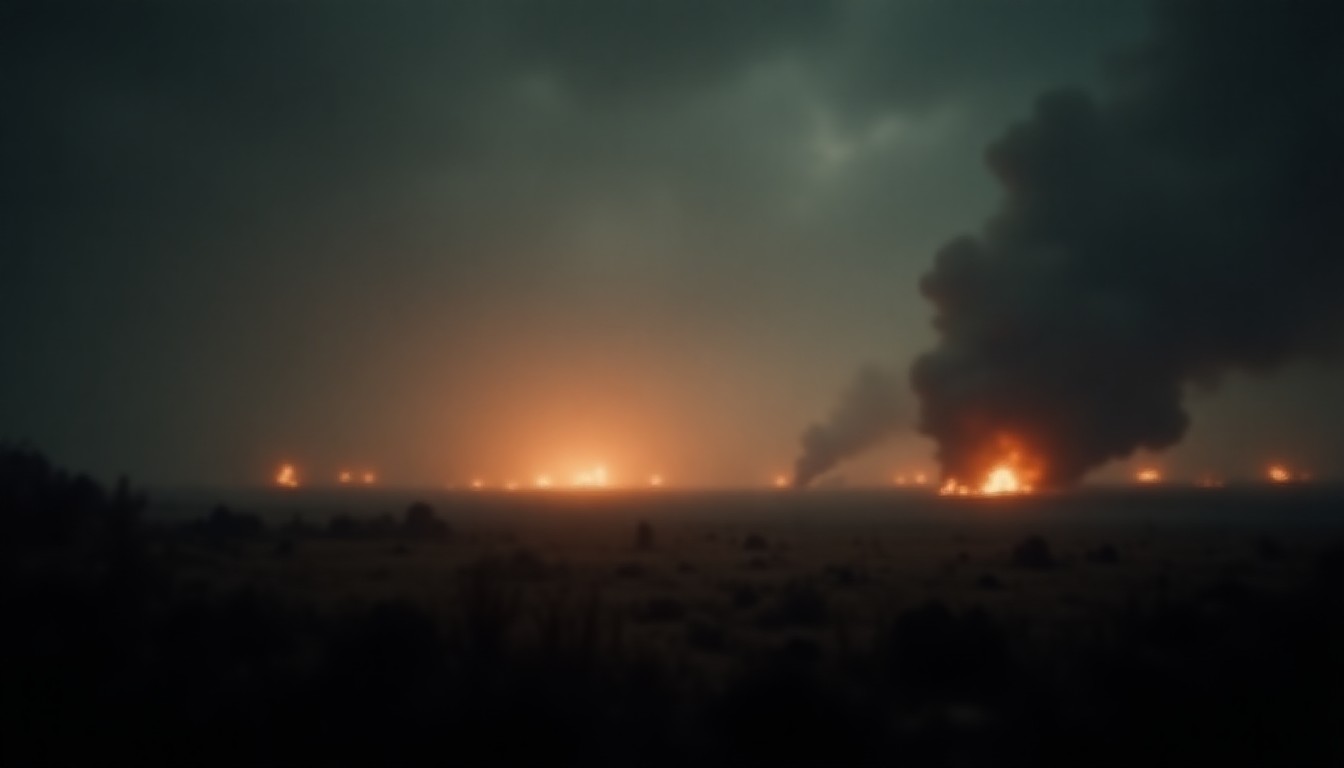 A stormy battlefield with distant explosions and fading smoke