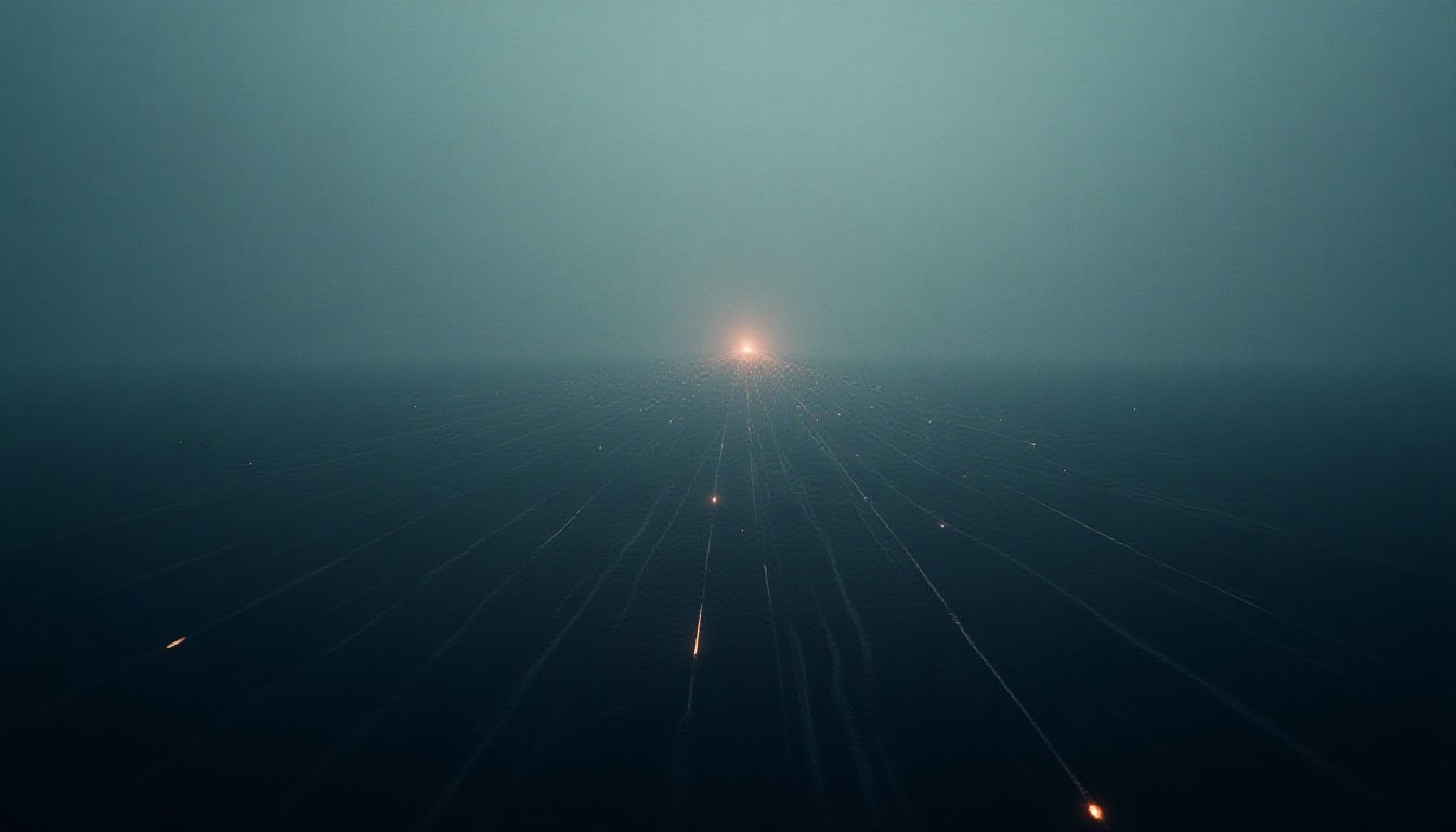 Abstract pattern of intersecting lines and dots representing missile trajectories and drone paths over a muted landscape