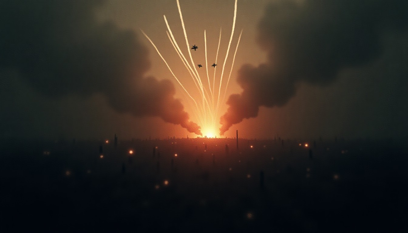abstract illustration of intersecting missile trails, drone silhouettes and rising smoke over a stylized map