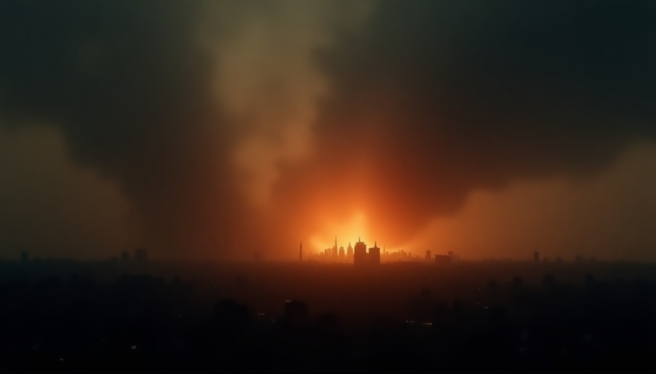 A swirling vortex of smoke and fire over a city skyline