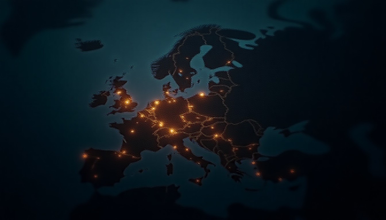 Stylised map with glowing lines indicating drone paths across Europe
