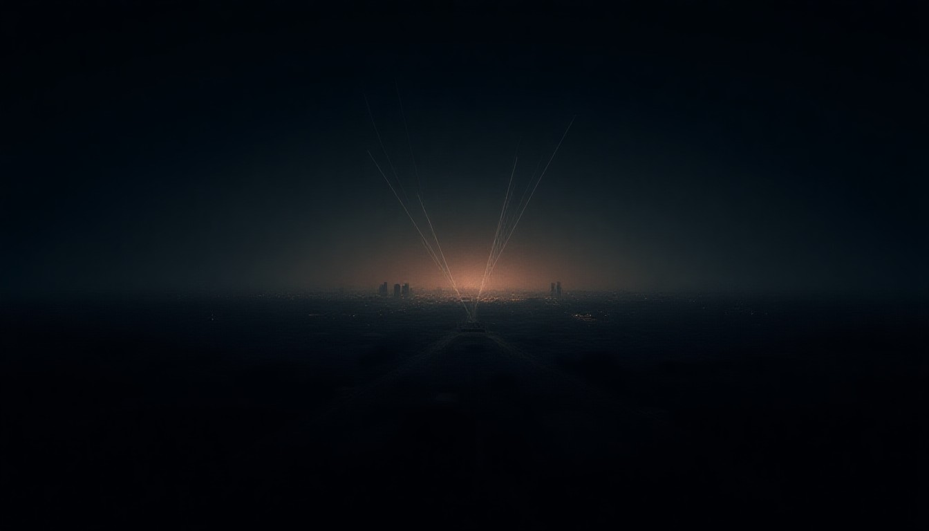 Abstract pattern of converging lines suggesting missile trajectories over a stylized city skyline at night