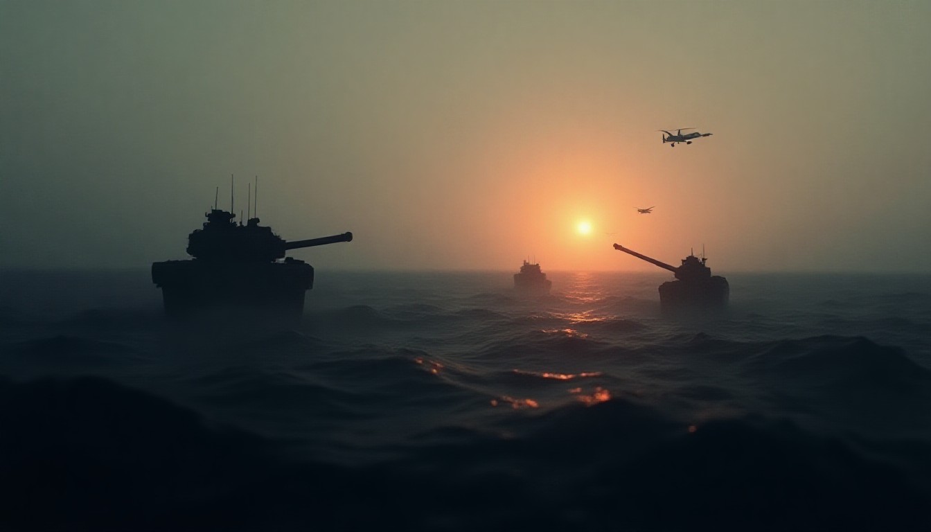 Abstract waves and silhouettes of a tanker, drone, and missile