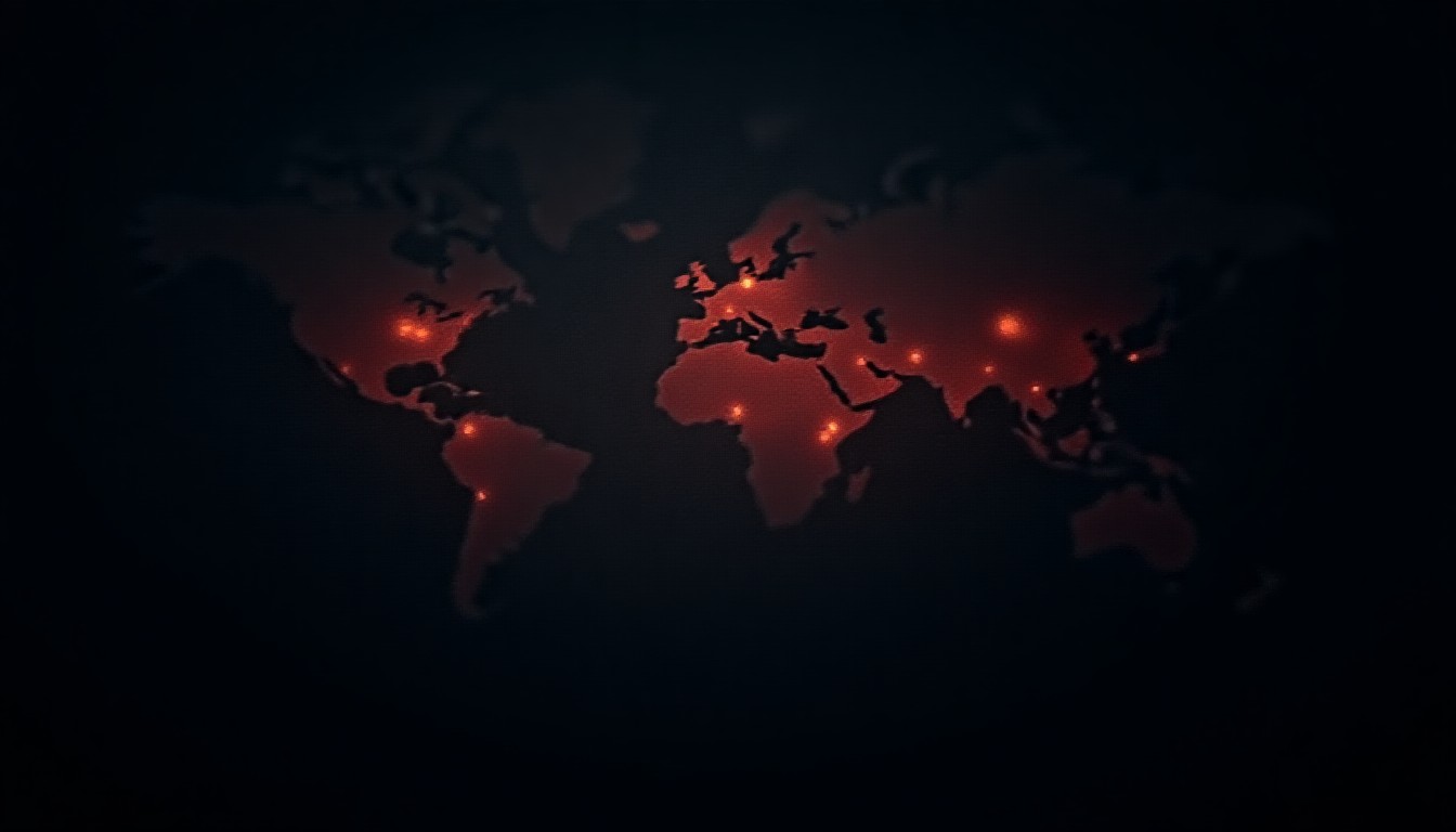Abstract map fragments glowing with pulse lines across three conflict zones