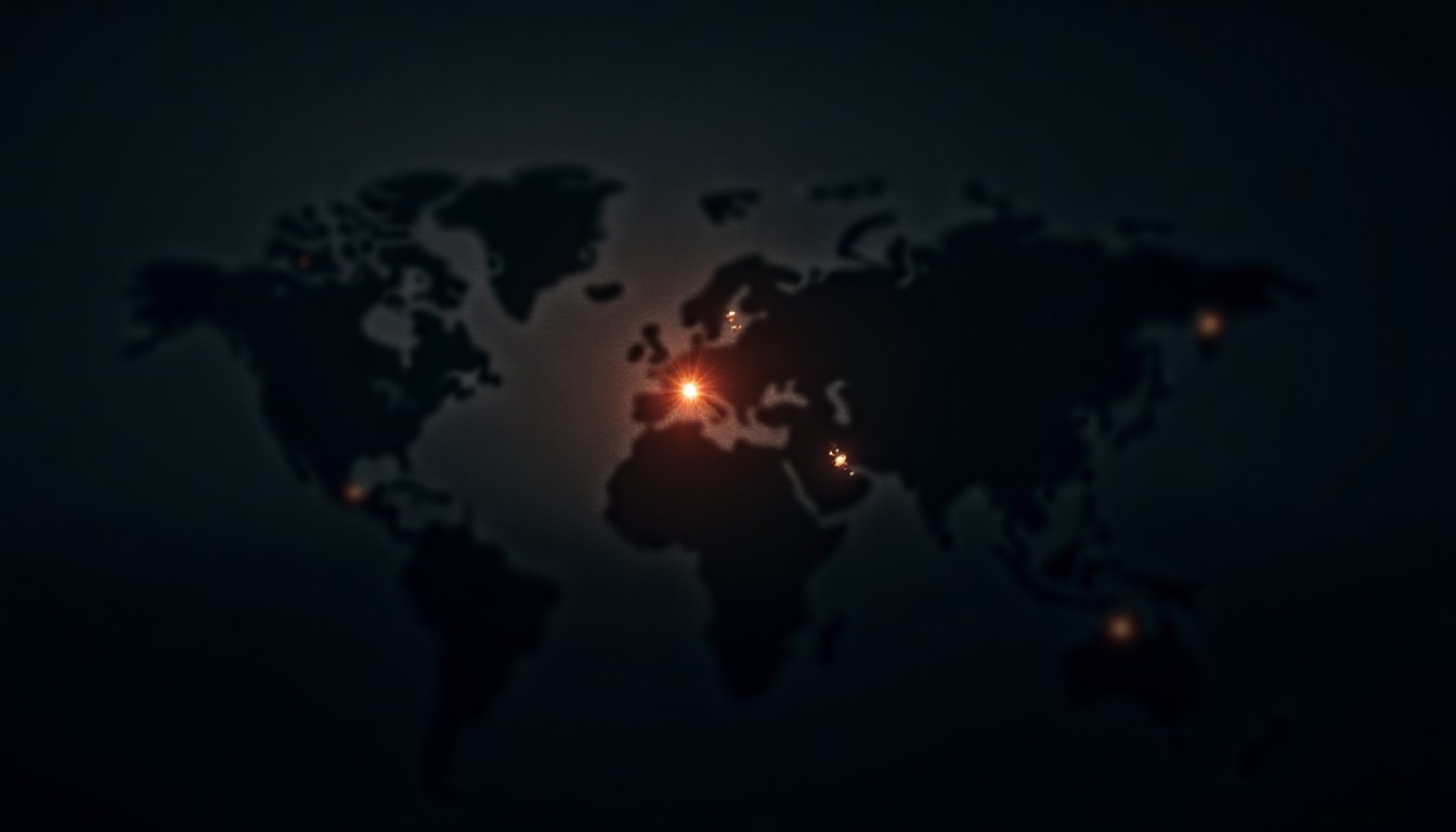 A stylized map silhouette with flashing icons of explosions and drones over a dark background