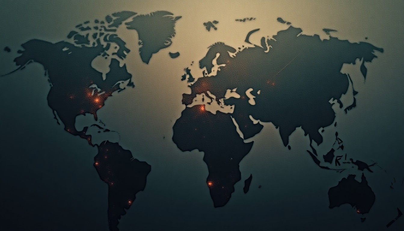 Abstract map silhouette with intersecting missile trails and drone icons over a muted background, suggesting conflict zones