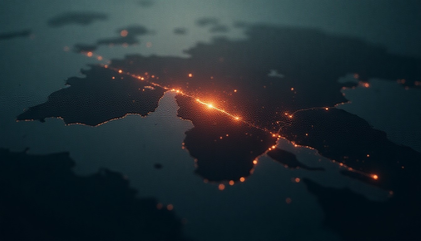 abstract map silhouette with intersecting missile and explosion icons over multiple regions