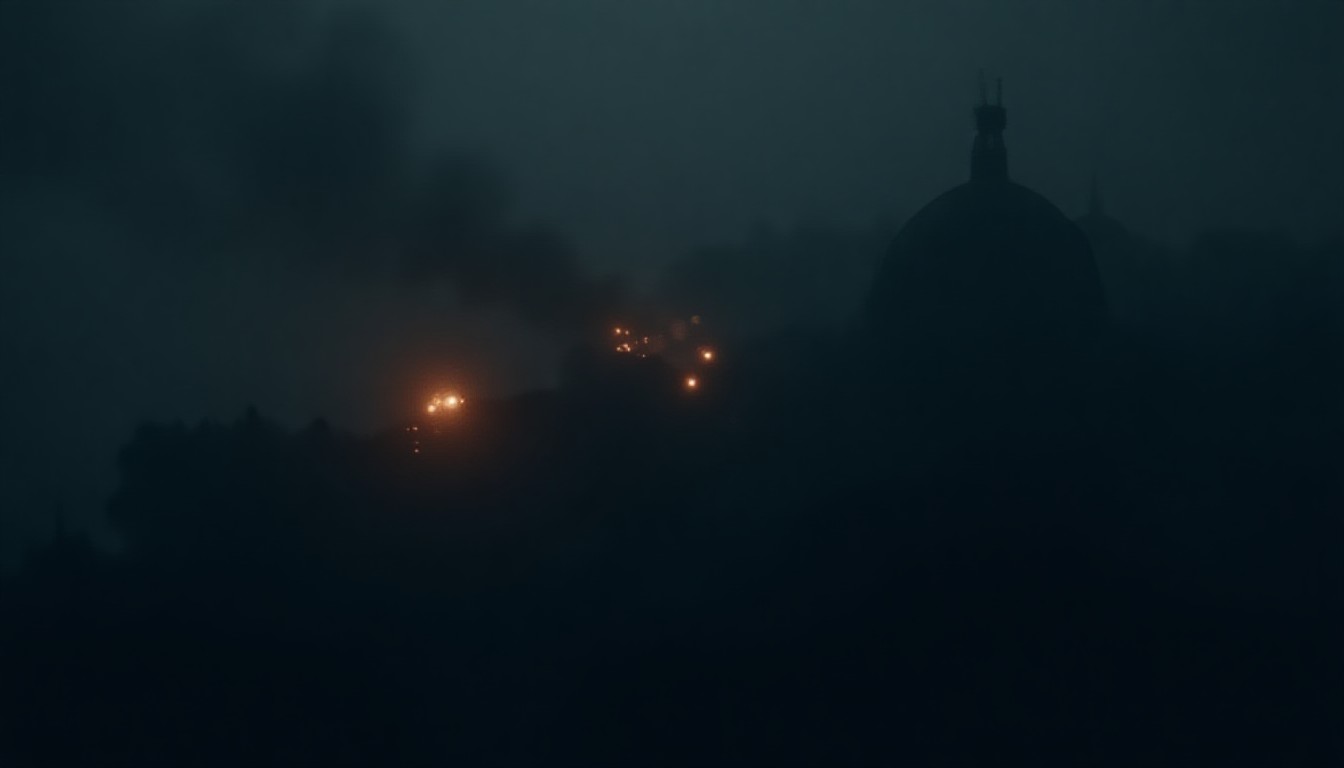 A stylized map silhouette with smoke and flashing icons over Ukraine and Syria