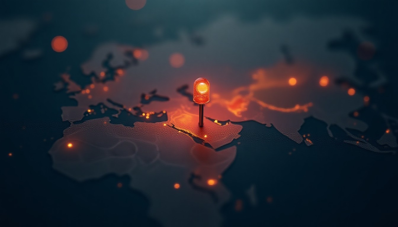 Abstract map pins glowing across three conflict zones