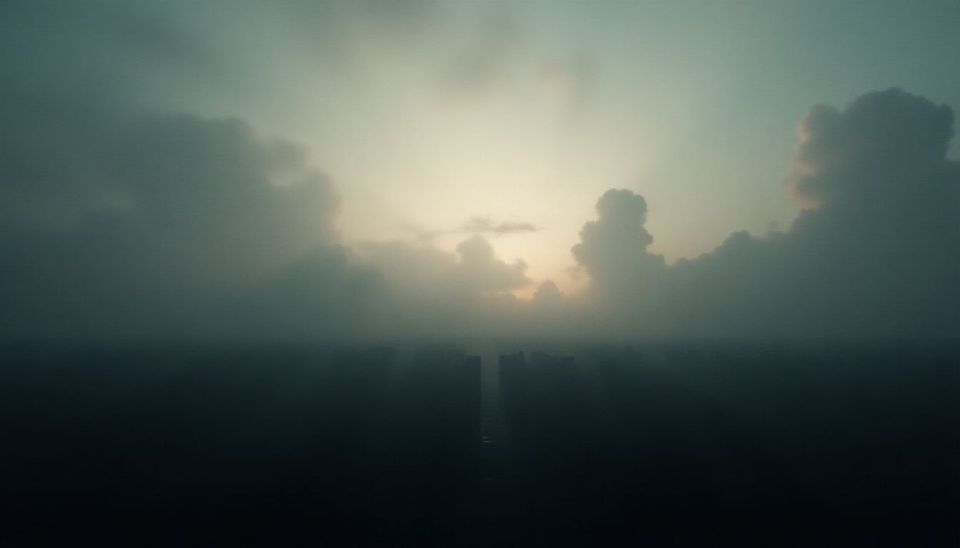 Aerial battle over a city skyline, clouds swirling around dark silhouettes