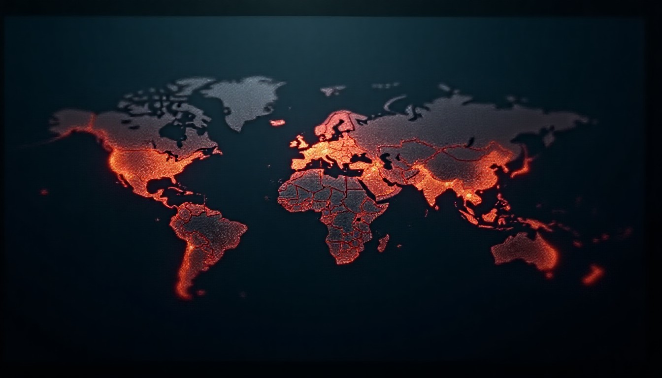 Abstract map fragments glowing with pulse lines across darkened regions