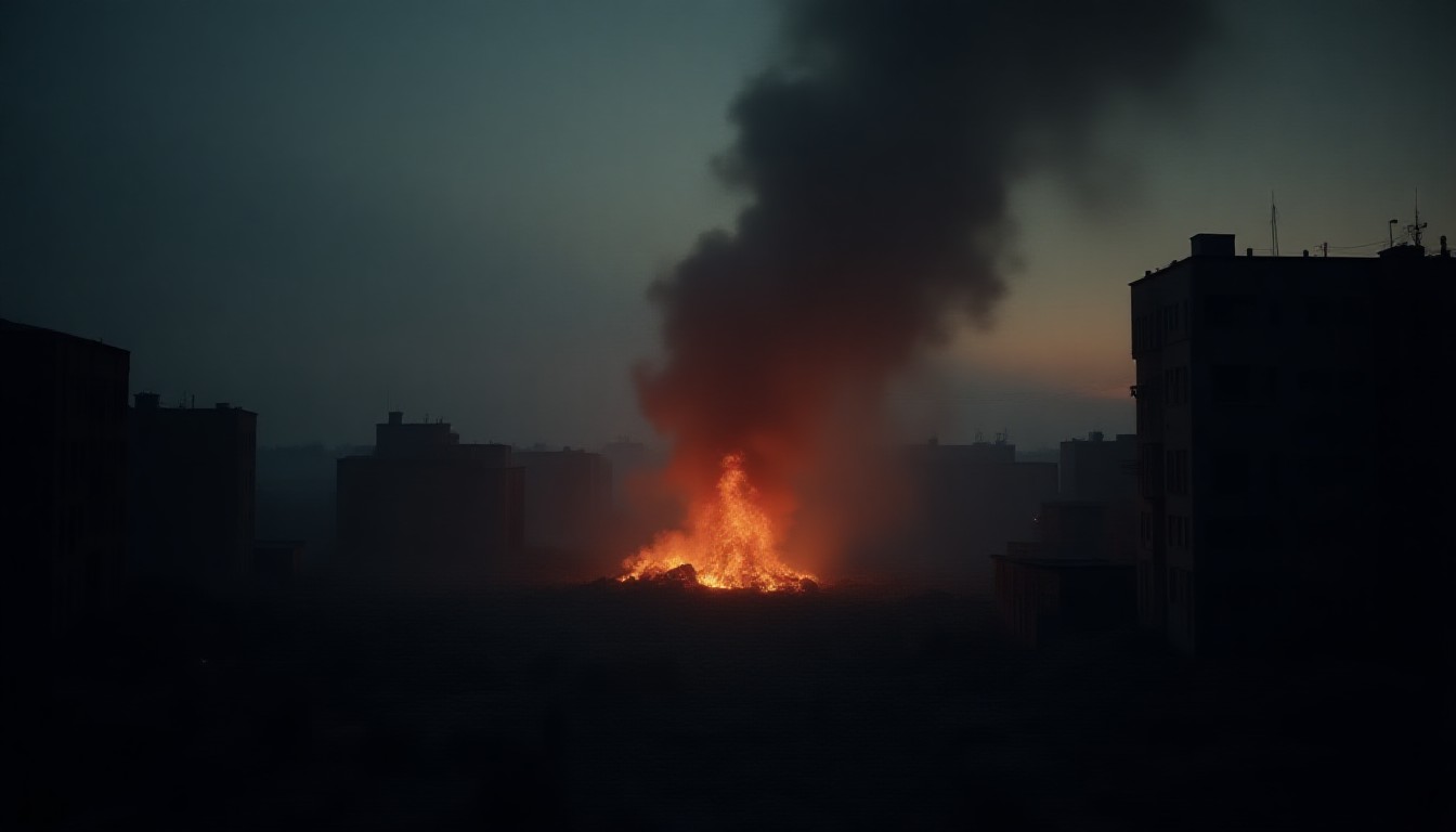 Smoke rising from collapsed building rubble at dusk