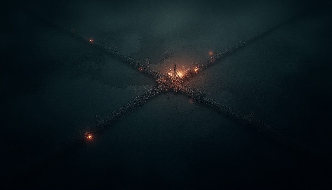Abstract map lines converging on border crossings and oil facilities