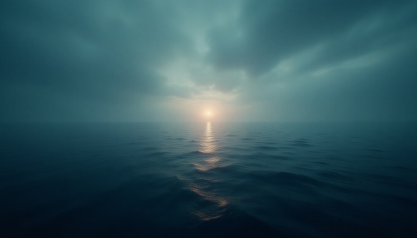Abstract radar waves crossing a dark sea under tense sky