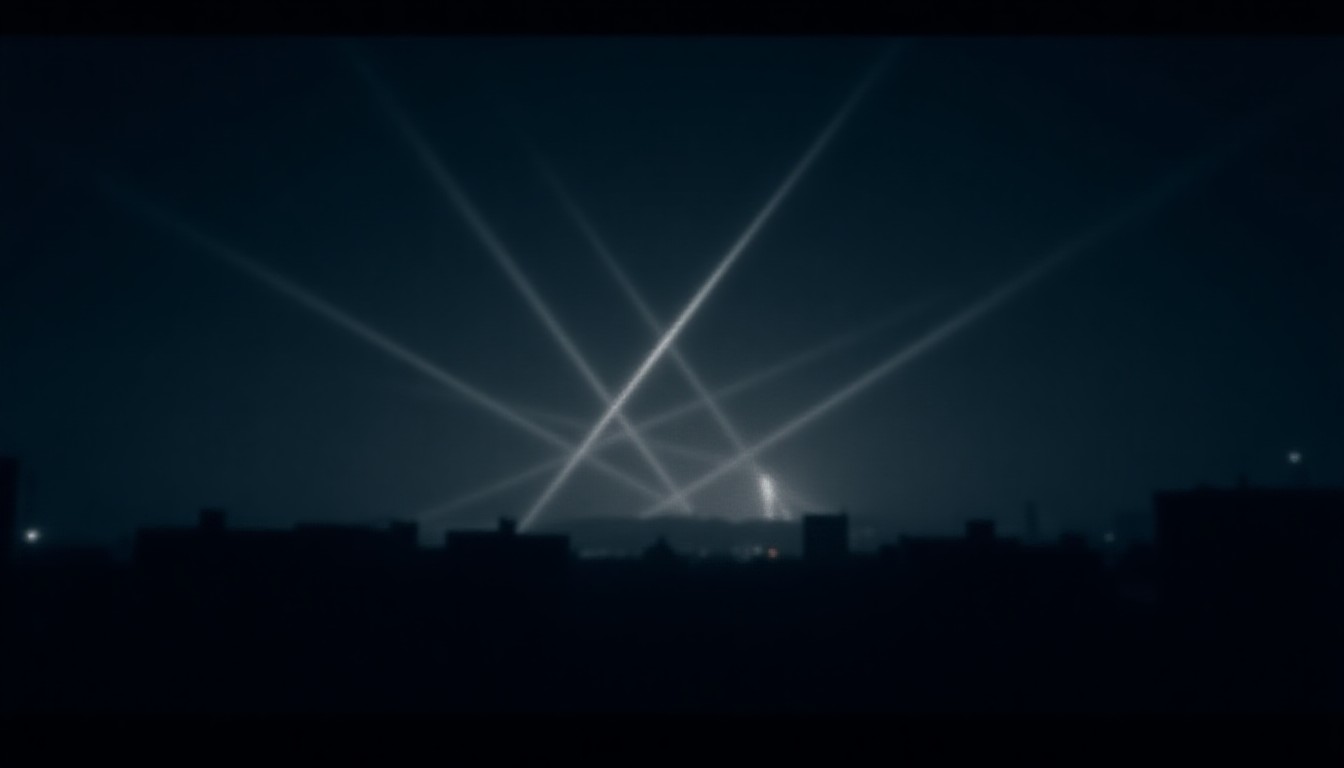 Night sky crisscrossed by intersecting light trails over a dark city silhouette