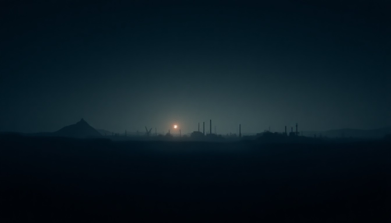 Silhouetted industrial facilities under night sky with drone trails