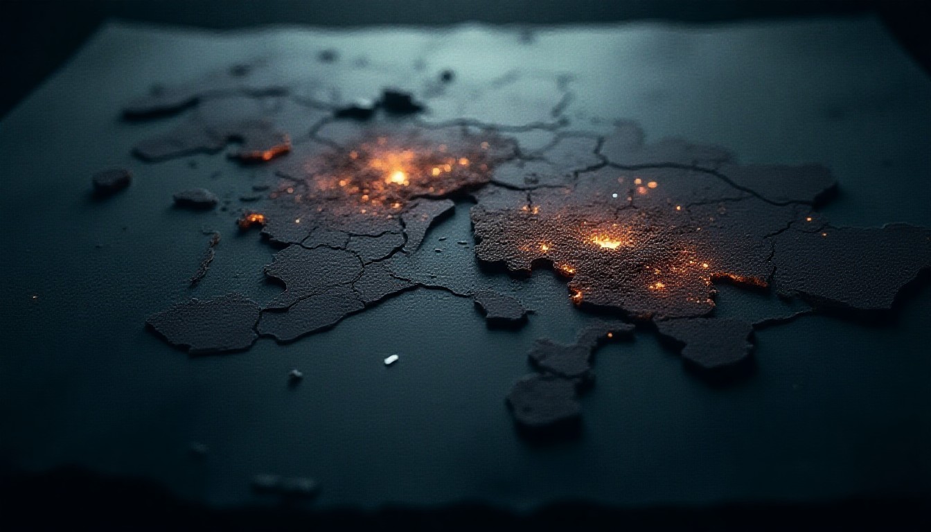 shattered map fragments marking three separate conflict zones