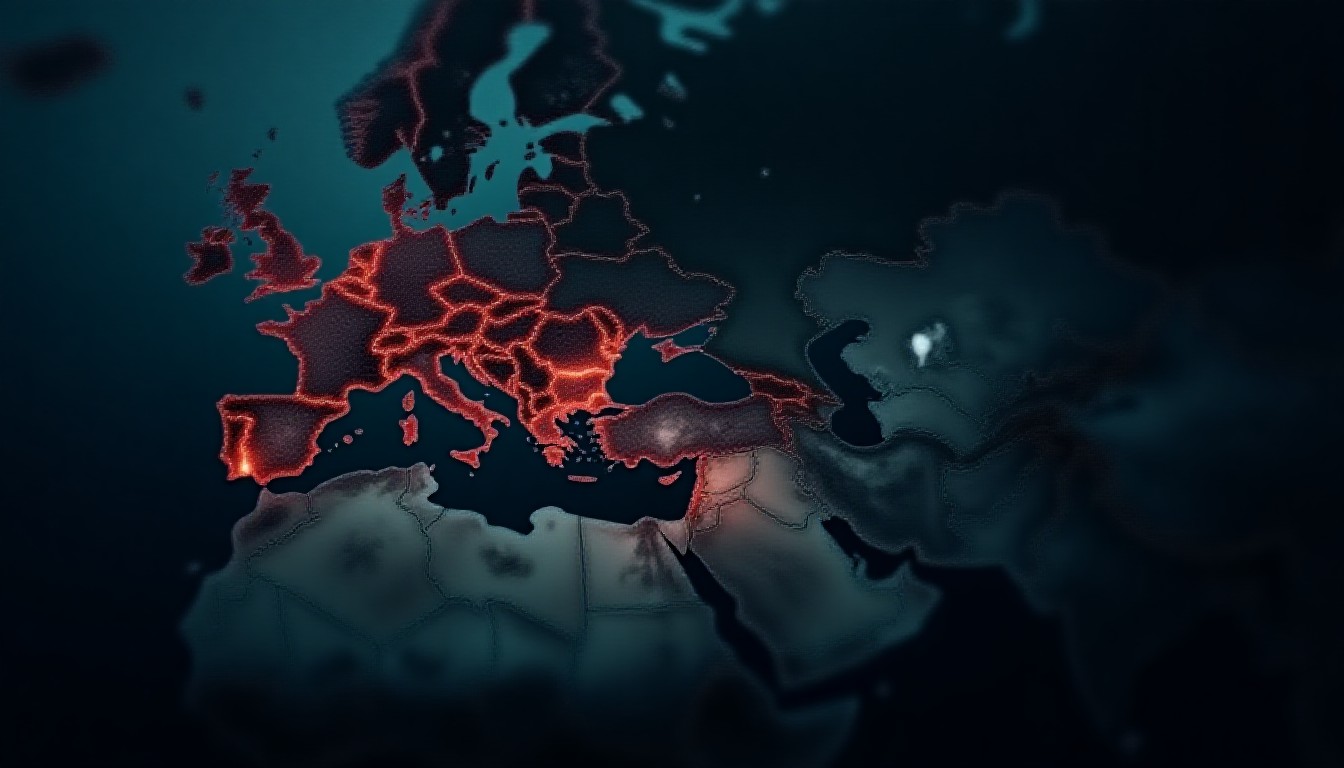 A stylized map highlighting conflict hotspots in Europe and the Middle East.